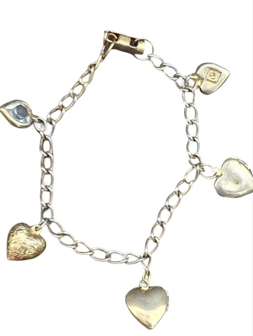Vintage Heart Charm Bracelet Gold Tone Locket Rose Faux Pearl Rhinestone